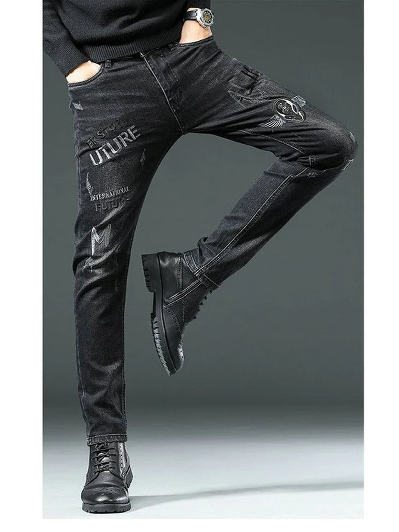 High End Stylish Classic Distinctive Printed Black Stretch Denim Jeans for Men High Quality Slim Fit Stretch Luxury Denim Pants