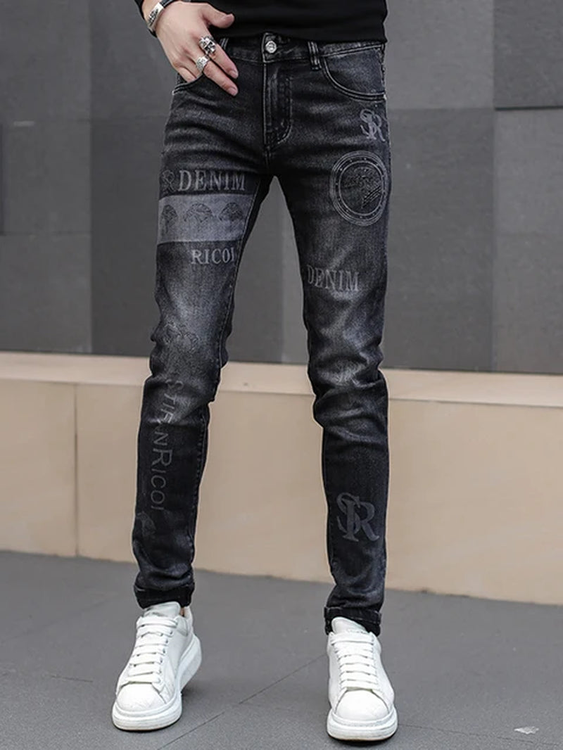 High End Stylish Classic Distinctive Printed Black Stretch Denim Jeans for Men High Quality Slim Fit Stretch Luxury Denim Pants