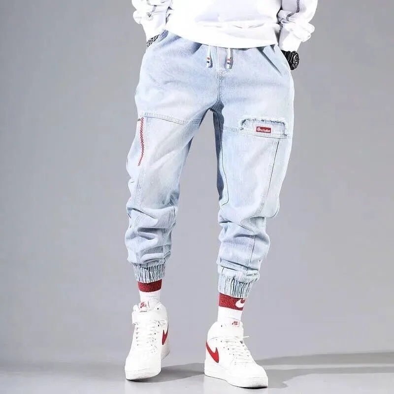 Korean Fashion Ankle Banded Denim Men Jeans Black Gray Cargo Pants for Men Elastic Baggy Harem Pants Streetwear Hip Hop Jeans